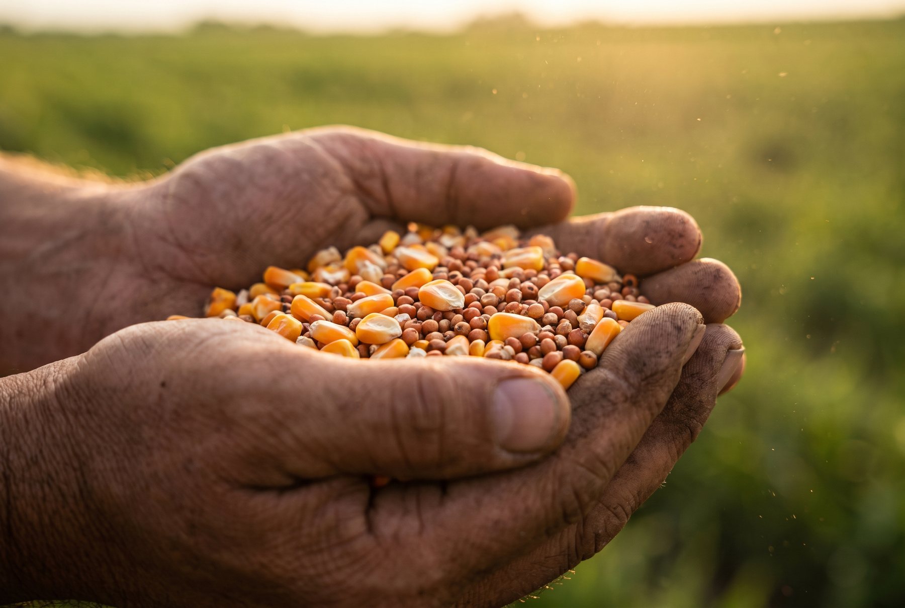 Manos sosteniendo semillas de maíz y sorgo